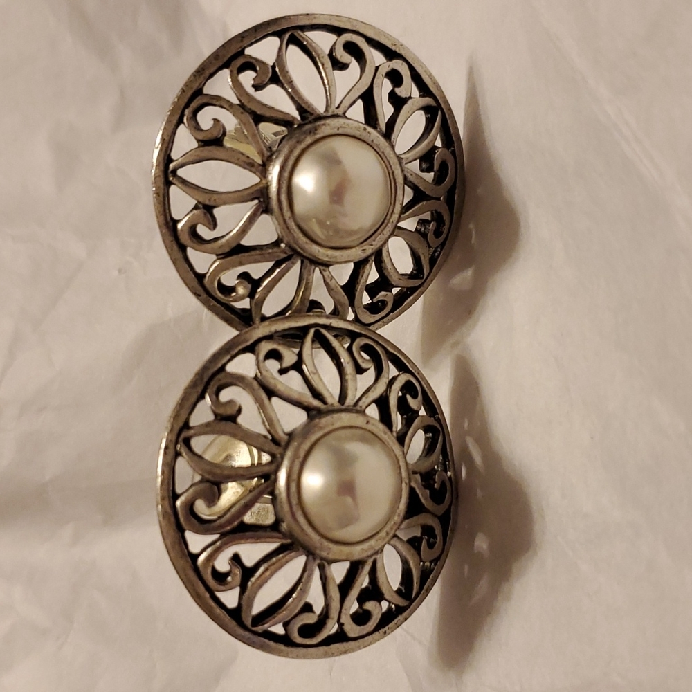Anne Klein CLIP earrings, Antique Silver Finish, Lattice design, stamped